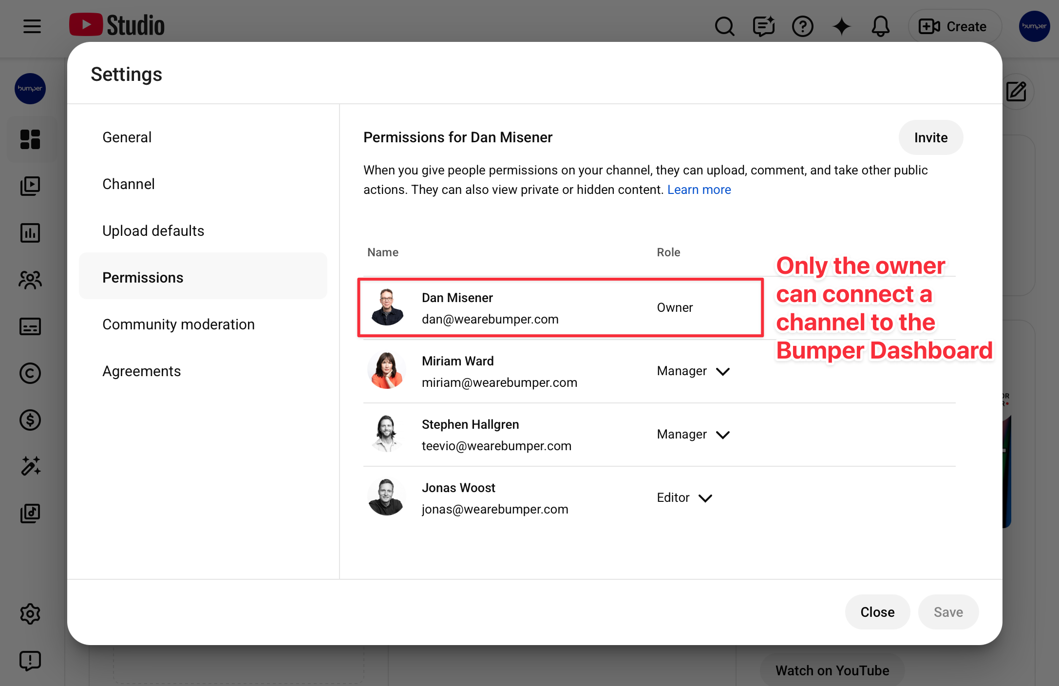 YouTube channel permissions